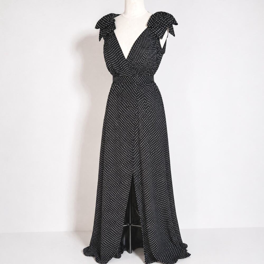 BASIX Black Label Evening Gown Maxi Dress Polka Dot Bow Shoulder Size 12